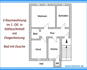 Mietwohnung 3 Zimmer,Küche,Bad in Köthen Nähe Krankenhaus - Grundriss der Wohnung in Köthen (366459)