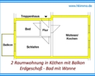 2-Raumwohnung in Köthen - Grundriss - 2-Raumwohnung im Erdgeschoss mit Balkon in Köthen !